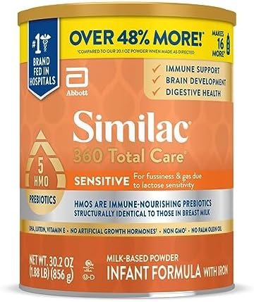 Similac 360 Total Care Sensitive Infant Formula, with 5 HMO Prebiotics, for Fussiness & Gas Due to Lactose Sensitivity, Non-GMO, Baby Formula Powder, 30.2-oz Can (Pack of 1)