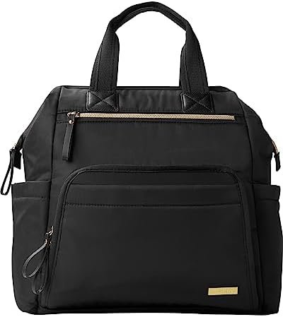 Skip Hop Diaper Bag Backpack: Mainframe Large Capacity Wide Open Structure with Changing Pad & Stroller Attachement, Black with Gold Trim