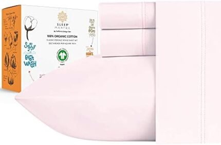 Sleep Mantra 100% Organic Cotton Bed Sheet Set - Crisp and Cooling Percale Weave, Soft Breathable, Eco-Friendly, 4 Piece Bedding Set, Deep Pocket with All-Around Elastic, (King, Blush Pink)