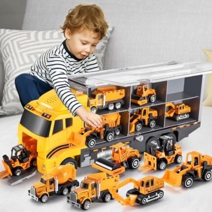 TEMI Toddler Toys for 3 4 5 6 Years Old Boys, Die-cast Construction Toys Car Carrier Vehicle Toy Set w/Play Mat, Kids Toys Truck Alloy Metal Car Toys Set for Age 3-9 Toddlers Kids Boys & Girls