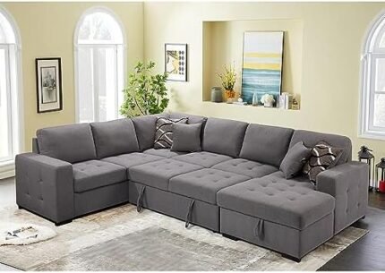 THSUPER Sectional Sleeper Sofa Bed with Storage Chaise, U Shape Oversized Sectional Couch with Pull Out Bed for Living Room Gray, 6 Seater Gray