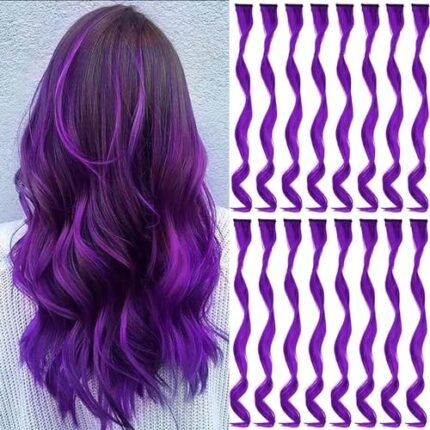 TOFAFA 16 Pcs Colored Hair Extensions Curly Wavy Clip in Synthetic Hairpiece Streak for Girls Women Kid, Multi-colors Party Highlights (Purple)