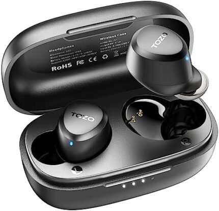 TOZO A1 Mini Wireless Earbuds Bluetooth 5.3 in Ear Light-Weight Headphones Built-in Microphone, IPX5 Waterproof, Immersive Premium Sound Long Distance Connection Headset with Charging Case, Black