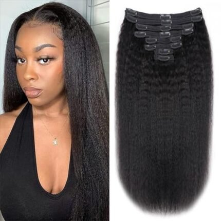 Tahikie Kinky Straight Human Hair Clip in Extensions 120g Full Head Clip ins for Women 100% Unprocessed Brazilian Virgin Human Hair Yaki Straight Clip ins Remy Hair Natural Black 8Pcs 18Clips 16inch