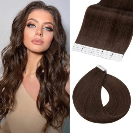 Tape in hair extensions,TESS Tape in Hair Extensions Real Human Hair,100% Straight Silky Remy Hair Tape in Human Hair Extensions for Women,Double Sided Tape 50g/pack 20pcs #4 Medium Brown 16 Inch