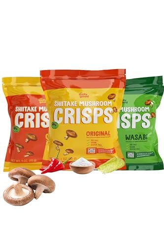 The Daily Good Shiitake Mushroom Crisps - 3-Pack Mushroom Chips,Gluten-Free Mushroom Snack,Non-GMO,Original, Wasabi, and Mexican Chili Flavors, Vegan Food,Vegan Chips, Vegan Snacks,0.2 lbs