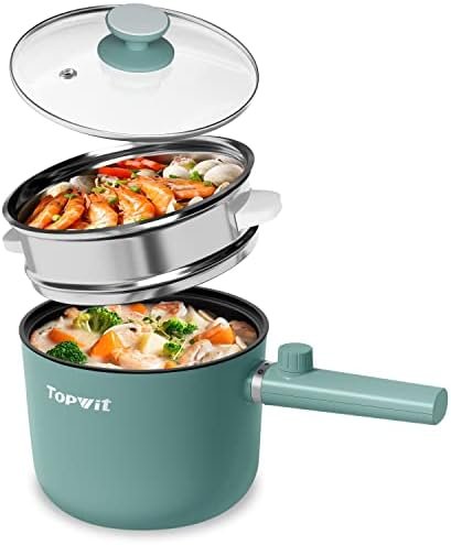 Topwit Hot Pot Electric with Steamer, 1.5L Ramen Cooker, Non-Stick Frying Pan, Electric Pot for Pasta, BPA Free, Electric Cooker with Dual Power Control, Over-Heating & Boil Dry Protection, Green