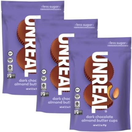 UNREAL Dark Chocolate Almond Butter Cups, Vegan, Gluten Free, Less Sugar, 3.2 Ounce (Pack of 3)