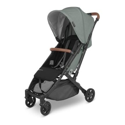 UPPAbaby Minu V2 Travel Stroller/Lightweight, Portable Design/One-Hand Fold/Shoulder Strap and Leather Bumper Bar Included/Gwen (Green Mélange/Carbon Frame/Saddle Leather)