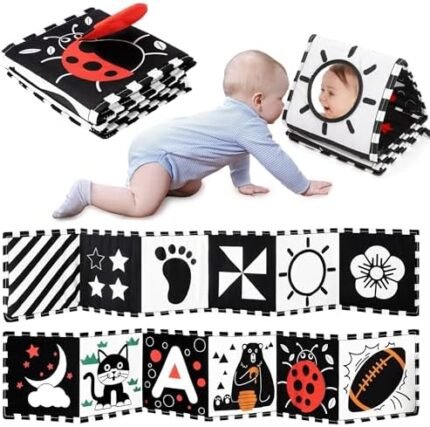 URMYWO Black and White Baby Toys, High Contrast Newborn Toys 0-3 Months Brain Development, Tummy Time Toys, Soft Baby Book, Infant Sensory Toys 0-6-12 Months Visual Stimulation Montessori Toy Gift