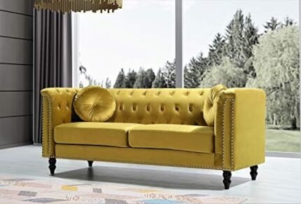 US Pride Furniture Modern Style High Density Foam 75.98'' Wide Golden Velvet Rolled Arm Chesterfield Living Room Removable Cushion & Solid Wood Legs (S5608-5613) Sofas, Strong Yellow