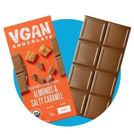 VGAN Vegan Chocolate Bars, Gluten Free Snacks, Plant Based, Soy and Dairy Free, Organic Ingredients, Cruelty Free, Kosher, and Non GMO, White Chocolate Almonds & Salty Caramel, 1 Pack