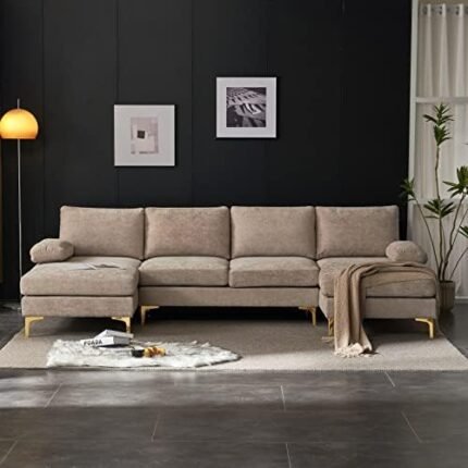 VINGLI U-Shape Sectional Sofa,U Shaped Couch for Living Room,110" Modern Sectional Couch with Soft Chenille Fabric,Double Lounge Chaise,Metal Legs（Khaki）