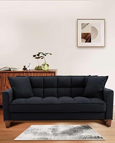 VIPNEW Mid Century Modern Tufted Sofa Couch, Loveseat Comfy Couch with 2 Pillows, 3 Seater Small Sofa for Bedroom, Living Room, Apartment, Black