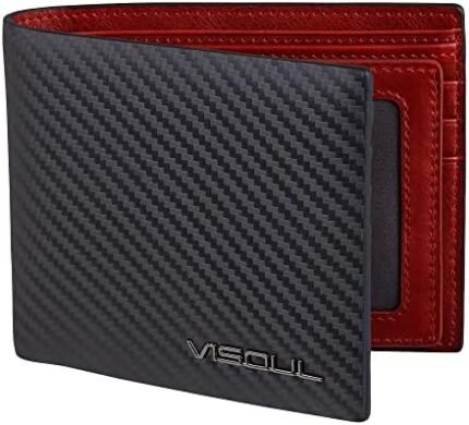 VISOUL Men's Leather RFID Blocking Wallet Extra Capacity, Bifold Security Wallet for men with 2 ID Windows 8 Card Slots 2 Cash Compartments (Black+Burgundy)