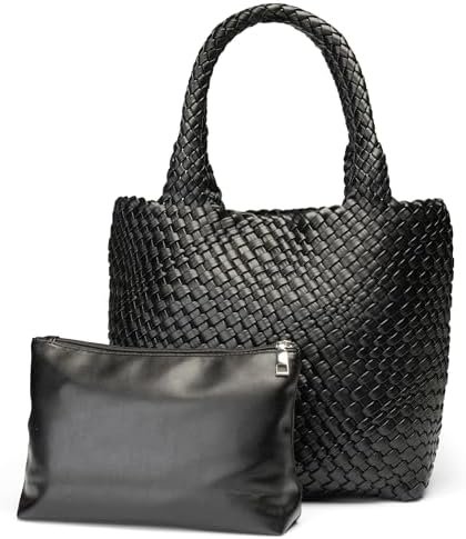 Vegan Leather Hand Woven Tote Bag for Women with Matching Purse Pouch