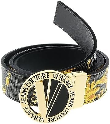 Versace Jeans Couture Black/Gold V-Emblem Cut Out Buckle Chain Print Belt-44 for Mens