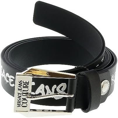 Versace Jeans Couture Black/White Signature Buckle Lettering Print Leather Adjustable Belt- for Mens