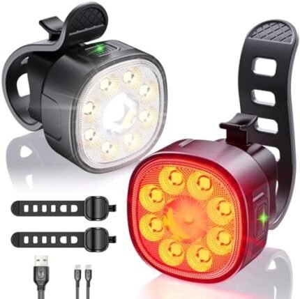 Victagen Bike Lights Kit 9LED Bike Headlights High & Low Beams, Ultra-Light and Bright Bicycle Lights, Waterproof Bike Lights for Night Riding, USB-C Bicycle Front and Rear Lights