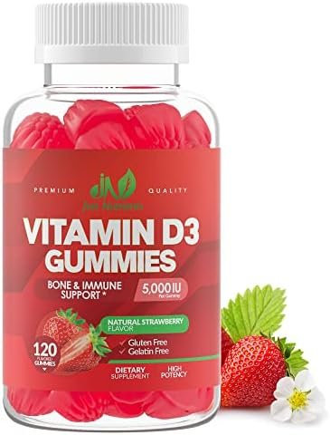 Vitamin D3 5000IU / 10,000IU Gummies for Adults & Kids (120 Count) - Immune System, Bone & Joint Support - Gluten-Free, Non-GMO, 100% Vegetarian, Great Tasting Strawberry Flavor - 4 Month Supply