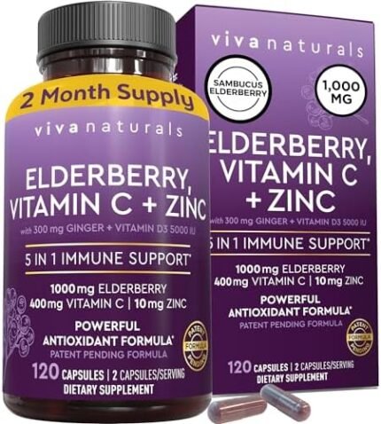 Viva Naturals Sambucus Elderberry with Vitamin C and Zinc for Adults - 5 in 1 Sambucus Black Elderberry Capsules with Vitamin D3 5000 IU, Elderberry Immune Support Supplement 2 Months Supply Pills