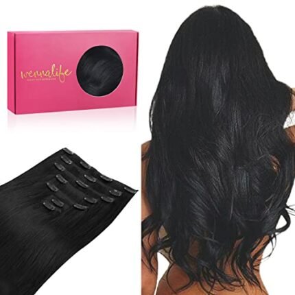 WENNALIFE Clip in Hair Extensions, 16 Inch 120g 7pcs Jet Black Hair Extensions Clip in Human Hair Remy Clip in Hair Extensions Natural Human Hair Extensions Double Weft