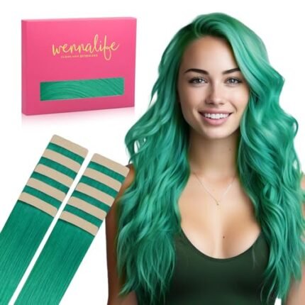 WENNALIFE Tape in Hair Extensions Human Hair Green Tape in Extensions, 10pcs 25g 16 inch Remy Invisible Tape Ins Straight Colored Soft Real Human Hair Tape in Extensions Refill Set Extensions