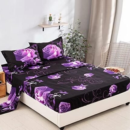 WONGS BEDDING Valentine Purple Sheet Set Queen, 4 Piece Soft Microfiber Purple Rose Bedding Sheets with 1 Deep Pocket Fitted Sheet,1 Flat Sheet, 2 Pillowcases. All-Season Bed Sheet for Queen Bed