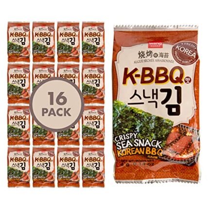 Wang Roasted Seaweed Snack, Korean Barbeque Flavored, Keto-friendly, Healthy Snack 0.14 Ounce, Pack of 16