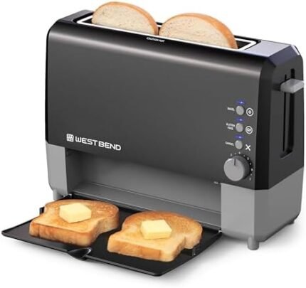 West Bend 77224 Toaster 2 Slice QuikServe Wide Slot Slide Through with Bagel and Gluten-Free Settings and Cool Touch Exterior Includes Removable Serving Tray, Black