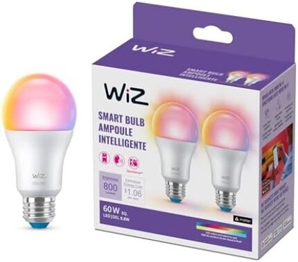 WiZ 60W A19 Color LED Smart Bulb - Pack of 2 - E26- Indoor - Connects to Your Existing Wi-Fi - Control with Voice or App + Activate with Motion - Matter Compatible