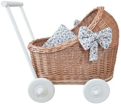 Wiklibox Natural Rattan Doll Stroller Hand Made in Europe Includes Bows & Bedding Wood Handle, Wheels & Base Wicker Doll Pram, Baby Walker (Natural w/ Flower Bows & Bedding), Natural-flower (W-PL)