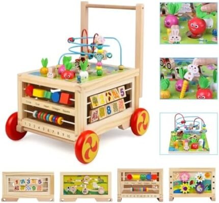 Wooden Activity Cube 7-in-1 Montessori Toys for Toddlers Educational Learning Toys for Boys Girls Birthday Gifts Multipurpose Bead Maze,Gear,Number Animal Board, Carrots Harvest Game Toys