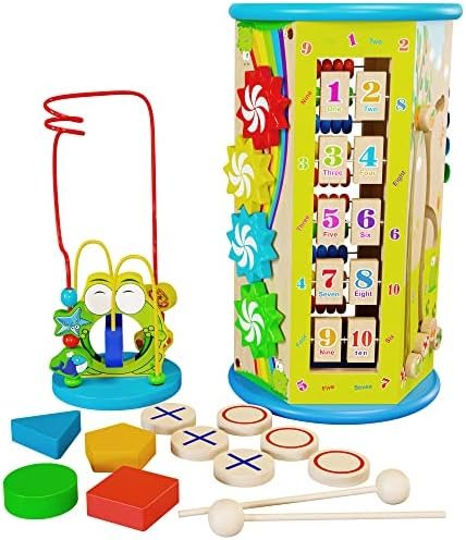 Wooden Activity Cube for Toddlers 1-3 with Bead Maze - Birthday Gift Busy Baby Activity Cube for Babies 12 Months - Standing Wood Sensory Learning Cube Play Center Toys for 1 Year Old Boys & Girls