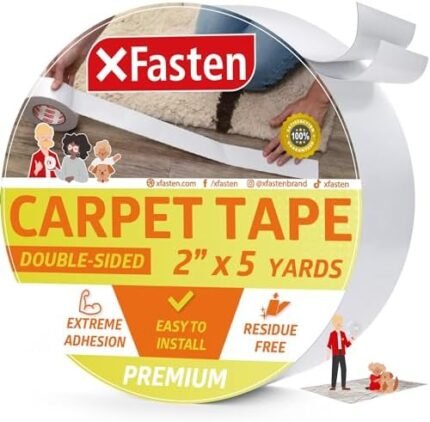 XFasten Rug Gripper Tape Double Sided - 2” x 5 Yds 3-In Core Carpet Tape for Rug, Carpet to Carpet Rug Gripper for Hardwood Floors, Floor Tape for Rugs in High Traffic Areas, Easy to Use Area Rug Tape