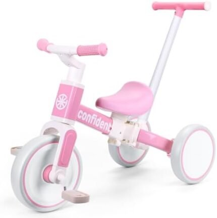 XIAPIA Tricycles for 1-3 Year Olds, 5 in 1 Toddler Balance Bike with Removable Pedal, Push Trike Toys with Adjustable Pushrod for 2 3 4 5 Year Old Boys & Girls, Birthday Gifts for Kids (Pink)