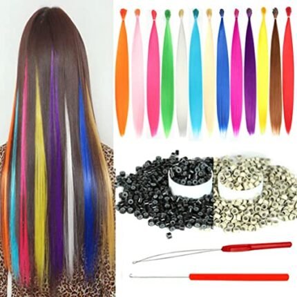 YUDAOHAIR Synthetic Colored Hair Extensions for Women 20 Inch Hairpieces With 100pcs Silicone Micro link Beads And 2 Crochet Hooks (20'', 13 colored hair mix colors)