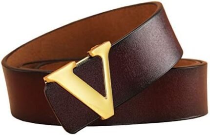 Yuangu Men's Classic Gold/Silver V-Buckle Design Soft Calfskin Belt