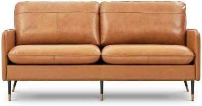 Z-hom 79" Top-Grain Leather Sofa, 3 Seater Leather Couch, Mid-Century Modern Couch for Living Room Bedroom Apartment Office, Cognac Tan