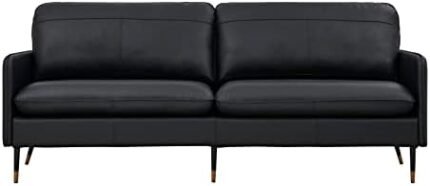 Z-hom Genuine Leather Sofa, Mid-Century Modern Leather Sofa Couch for Bedroom Living Room (Black, 3 Seater)