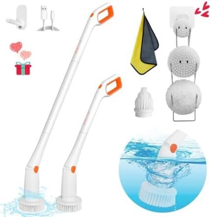 Zeutch Electric Spin Scrubber, Cordless Cleaning Brush with Extension Arm, 4 Replaceable Cleaning Heads & Heads Holder, 74W Motor Dual Speeds Power Scrubber for Tub, Tile, Grout, Floor, Bathroom