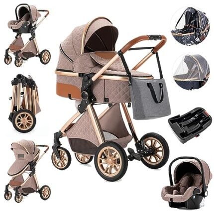 Zkiprm 3 in 1 Baby Stroller, Stroller Combo with One Click Folding, Infant Carrier, Adjustable Bassinet, Reversible Seat, Ultra-Light Aluminum Frame, Sunshade, Bag (khakigold)