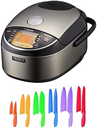 Zojirushi NP-NWC10XB 5.5-Cup Pressure Induction Heating Rice Cooker and Warmer (Stainless Black) Bundle with Multicolor 12 Piece Knife Set with Blade Guards (2 Items)