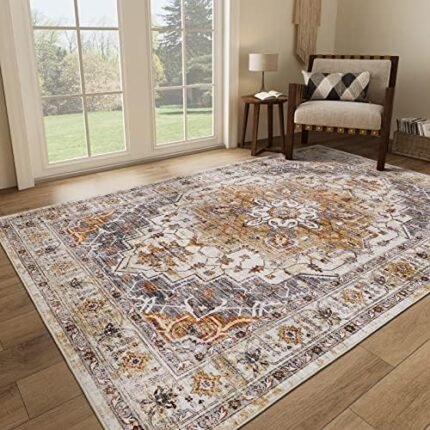 befbee Washable Rug 8x10 Area Rugs for Living Room - Stain Resistant Non-Slip Backing Rugs for Bedroom,Ultra-Thin Vintage Large Area Rug (Turmeric/Grey,8'x10'