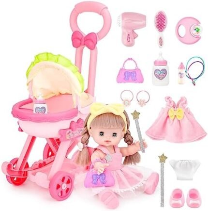 deAO Baby Doll Stroller with 12 inch Doll,12" Baby Doll Role Play Set with Foldable Doll Stroller,16 PCS Baby Doll Accessories,Doll Nursery Play Set for 3 4 5 6 Girls Kids