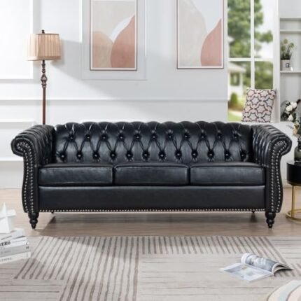 i-POOK Couch, 3 Seater Sofa, Comfy PU Rolled Arm Chesterfield Couch, 84.65" Mid Century Modern Couches with Silver Studs Trim and Wooden Legs for Living Room Bed Room Apartment, Black