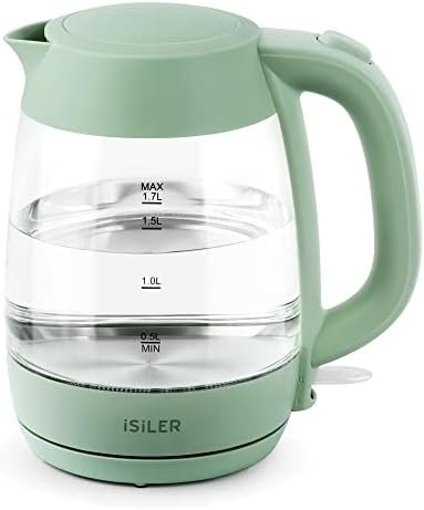 iSiLER 1500W Electric Kettle, 1.7 L Electric Tea Kettle with LED Indicator, Cordless Electric Glass Hot Water Boiler, Portable Teapot Heater Auto Shut-Off & Boil-Dry Protection BPA-Free Green