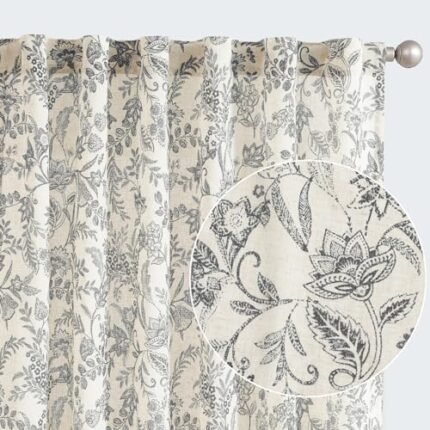 jinchan Floral Curtains Linen Curtains for Living Room Black French Country Farmhouse Curtains 84 Inches Long Light Filtering Kitchen Window Back Tab Semi Sheer Curtains 2 Panels Black on Beige