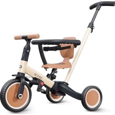 newyoo TR008 5 in 1 Toddler Tricycle with Push Handle for 1-3 Year Old Boys and Girls, Kids Push Trike with Safe Bar, Toddler Bike, Convert to Balance Bike, Birthday Gifts & Toys for Baby, Cream