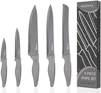 nuovva Professional Kitchen Knife Set – 5pcs Grey Kitchen Knives – Stainless Steel Granite Non Stick Blades – Chefs, Filleting, Bread, Paring and Utility Knives